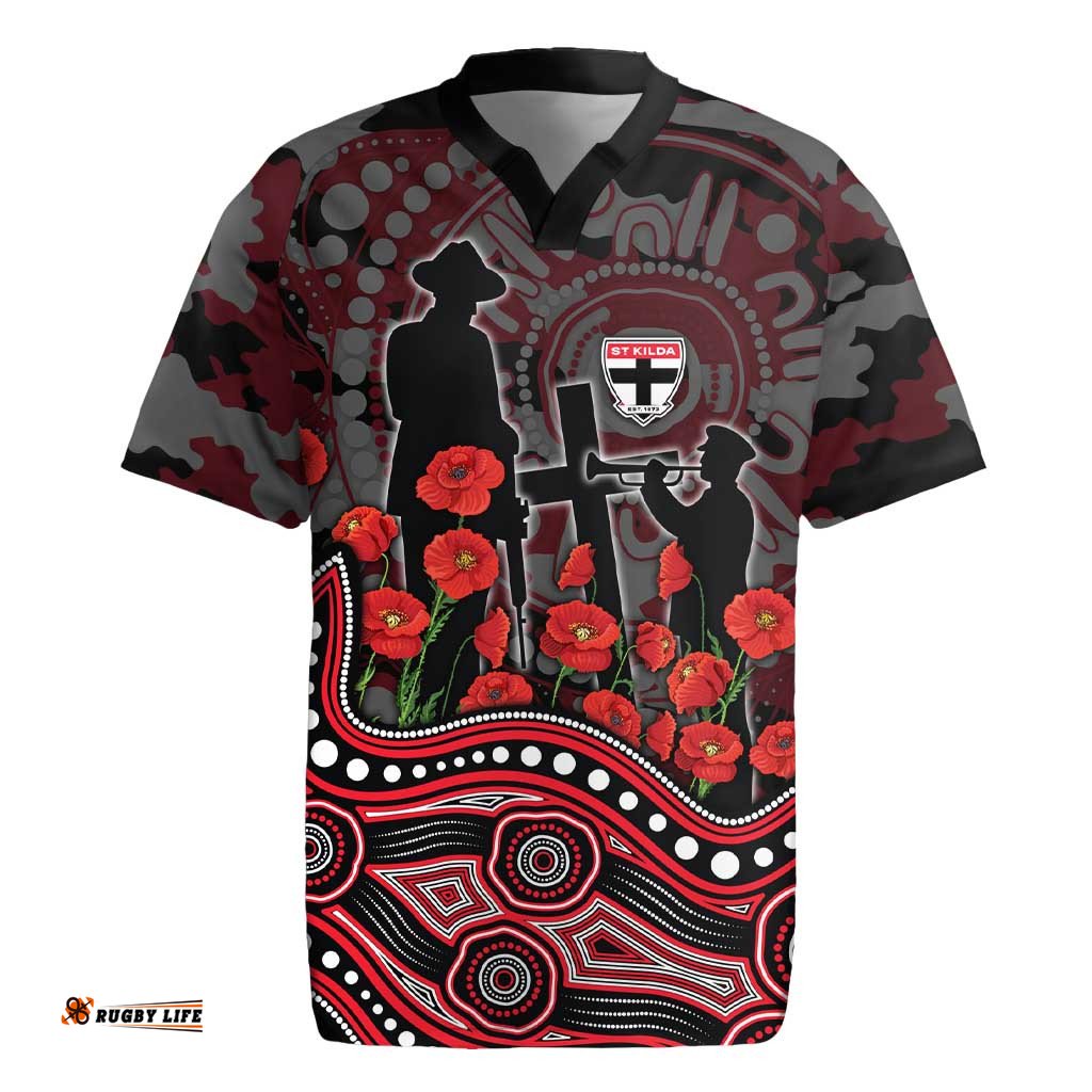St Kilda Saints ANZAC Day Rugby Jersey Indigenous Dot Art with Poppy Flower Tribute TS04