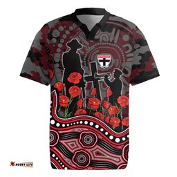St Kilda Saints ANZAC Day Rugby Jersey Indigenous Dot Art with Poppy Flower Tribute TS04
