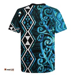 Turquoise Aotearoa Rugby Jersey Taniko Motifs With Paua Shell Kowhaiwhai LT14