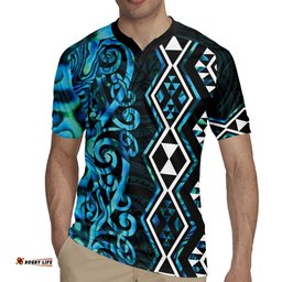Turquoise Aotearoa Rugby Jersey Taniko Motifs With Paua Shell Kowhaiwhai LT14