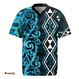 Turquoise Aotearoa Rugby Jersey Taniko Motifs With Paua Shell Kowhaiwhai LT14