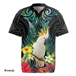 Sulphur-crested Cockatoo New Zealand Rugby Jersey Paua Shell Aotearoa Maori Tropical Flowers LT14