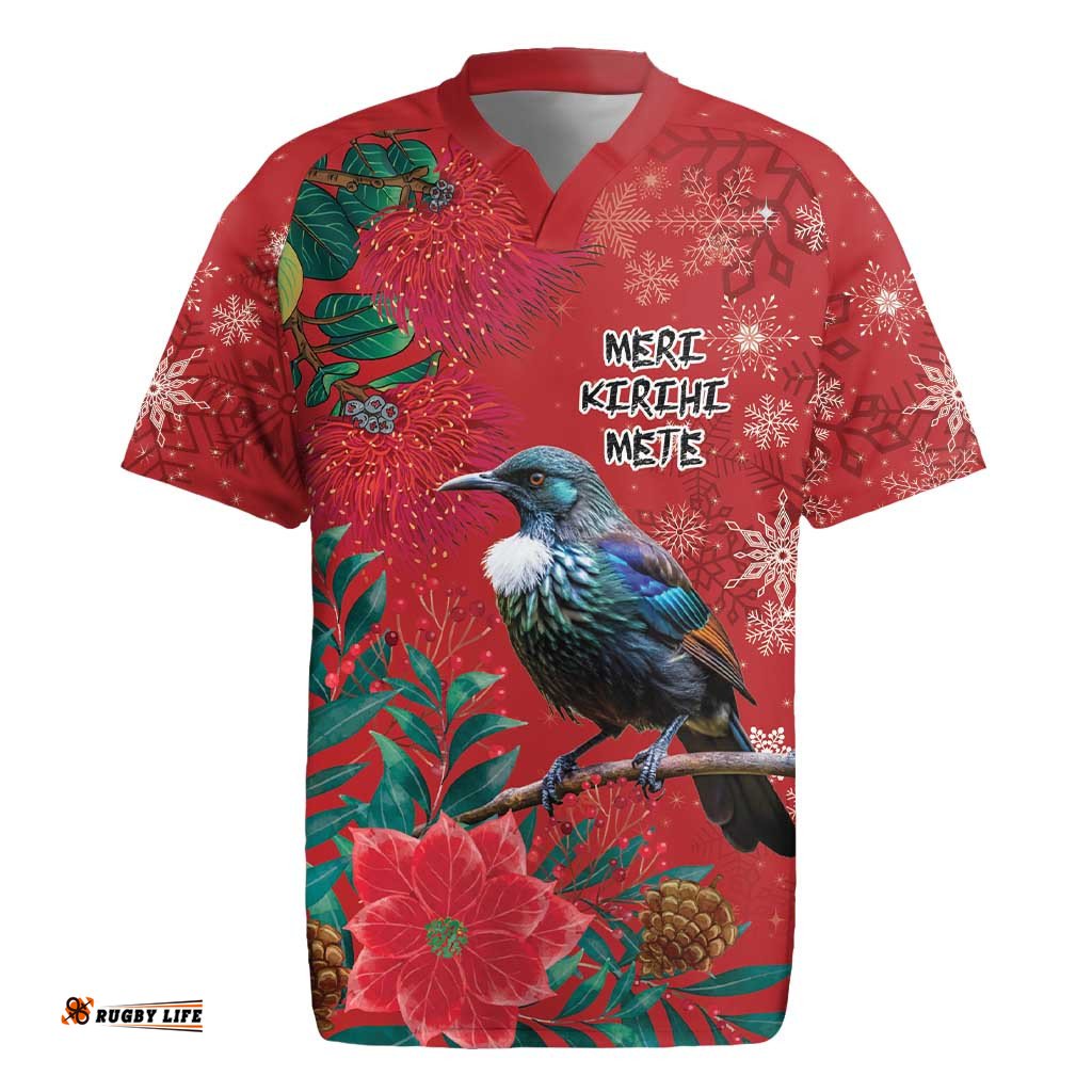 Tui Meri Kirihimete Personalised Rugby Jersey Pohutukawa Flowers Red Motif LT9