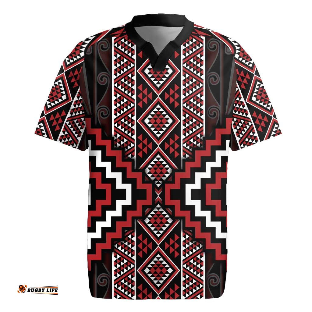 Red Tukutuku Pattern Aotearoa Rugby Jersey Niho Taniwha and Puhoro Motifs LT7