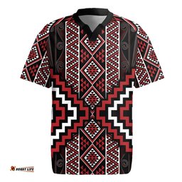 Red Tukutuku Pattern Aotearoa Rugby Jersey Niho Taniwha and Puhoro Motifs LT7
