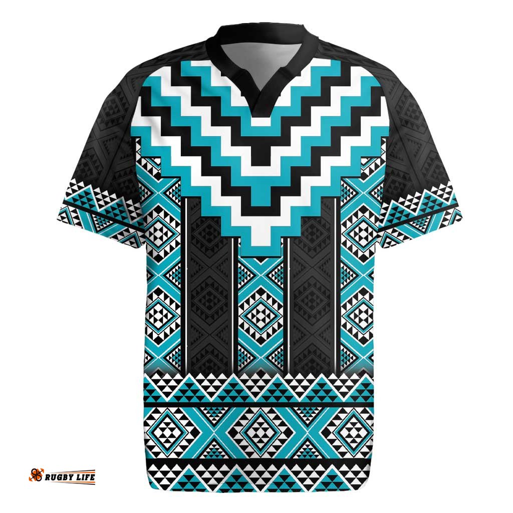 Turquoise Taniko Pattern Aotearoa Rugby Jersey Niho Taniwha Mix Poutama LT14