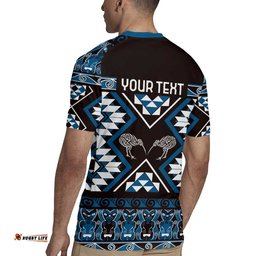 Personalised Taniko Motifs Aotearoa Rugby Jersey Waitangi Kowhaiwhai Kiwi - Blue LT7