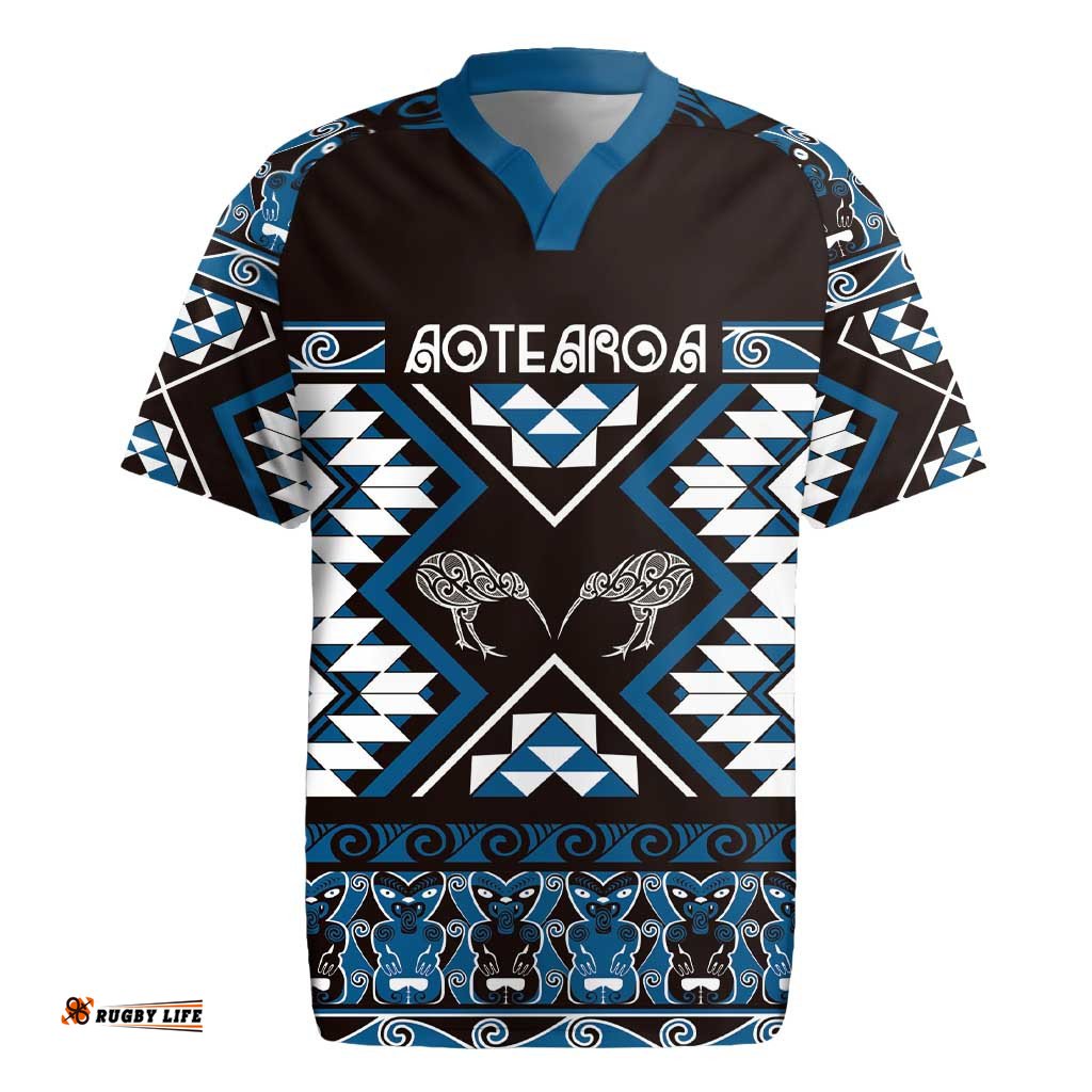 Personalised Taniko Motifs Aotearoa Rugby Jersey Waitangi Kowhaiwhai Kiwi - Blue LT7