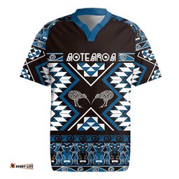 Personalised Taniko Motifs Aotearoa Rugby Jersey Waitangi Kowhaiwhai Kiwi - Blue LT7