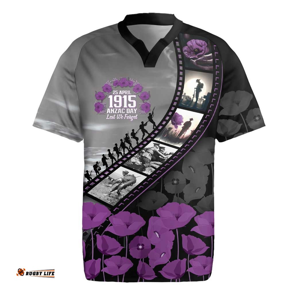 Personalised Remembering ANZAC Lest We Forget Rugby Jersey Vintage Film Frame Memorial Purple Poppy LT9