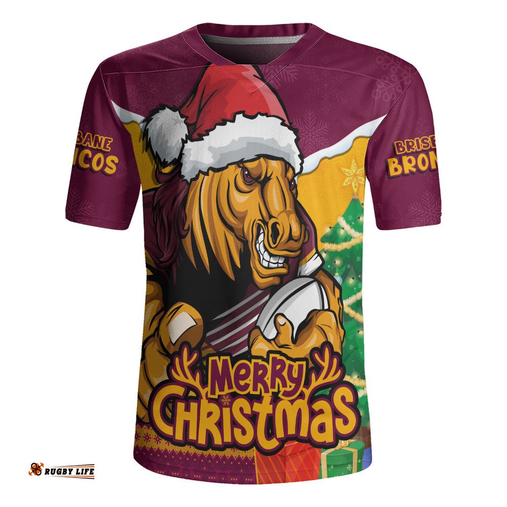 Brisbane Broncos Rugby Jersey Santa Scoring Touchdown On Christmas Game Day