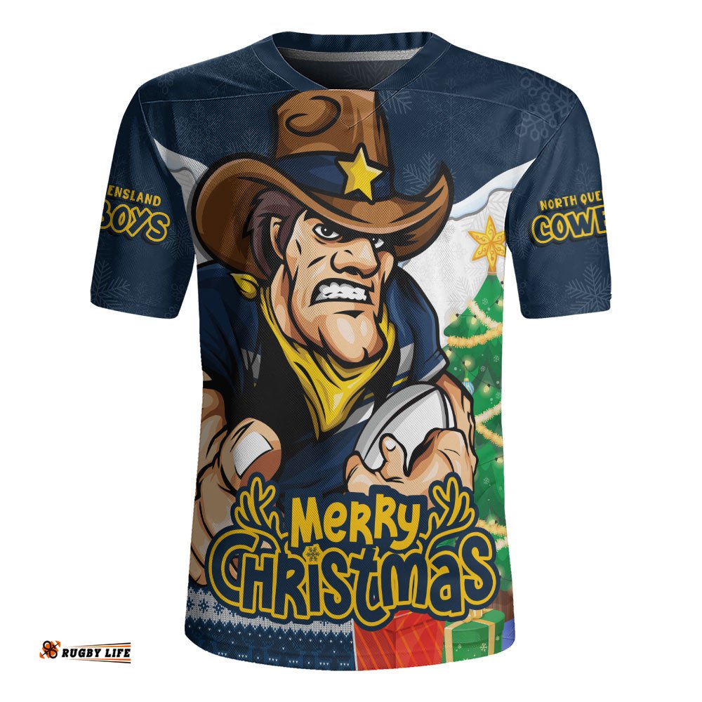 North Queensland Cowboys Rugby Jersey Santa Scoring Touchdown On Christmas Game Day