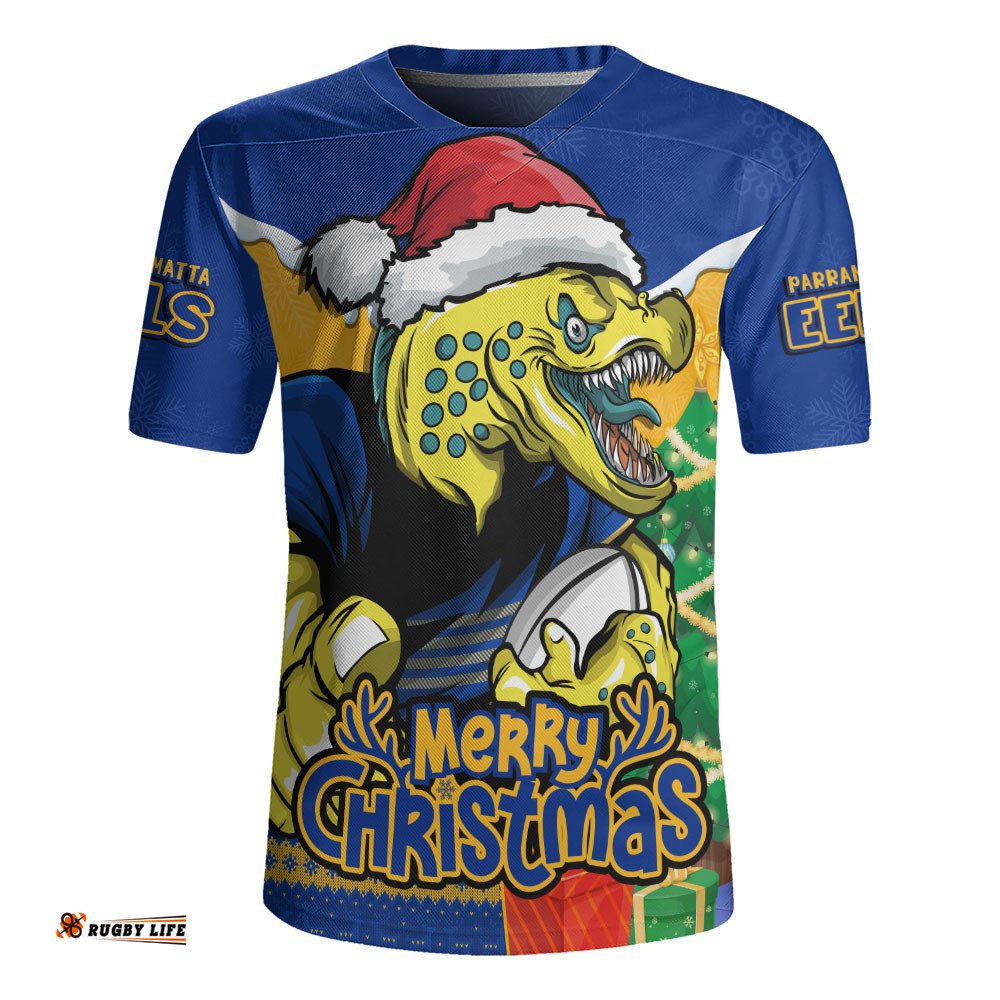 Parramatta Eels Rugby Jersey Santa Scoring Touchdown On Christmas Game Day