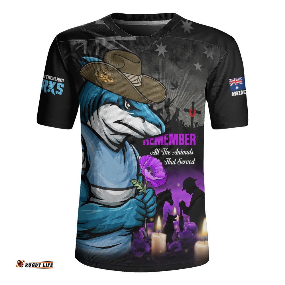 Cronulla-Sutherland Sharks Rugby Jersey Anzac Day Purple Poppy And Animals That Served