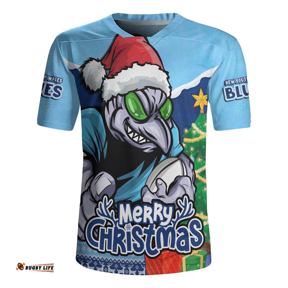 New South Wales Blues Rugby Jersey Santa Scoring Touchdown On Christmas Game Day
