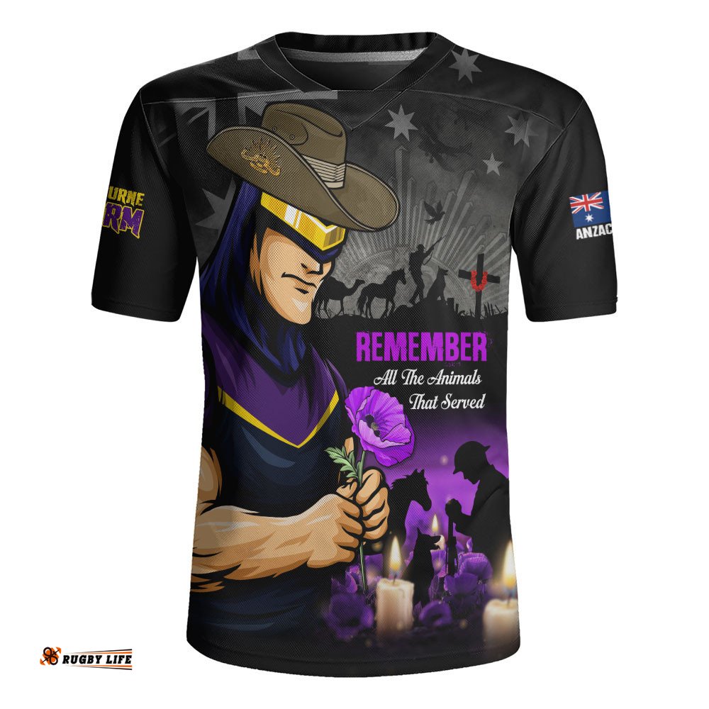 Melbourne Storm Rugby Jersey Anzac Day Purple Poppy And Animals That Served