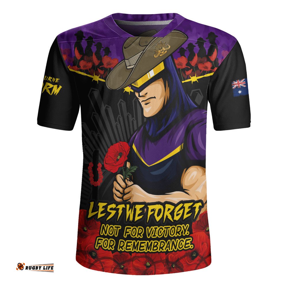 Melbourne Storm Rugby Jersey ANZAC Day Red Poppy And Brave Hearts Remembrance