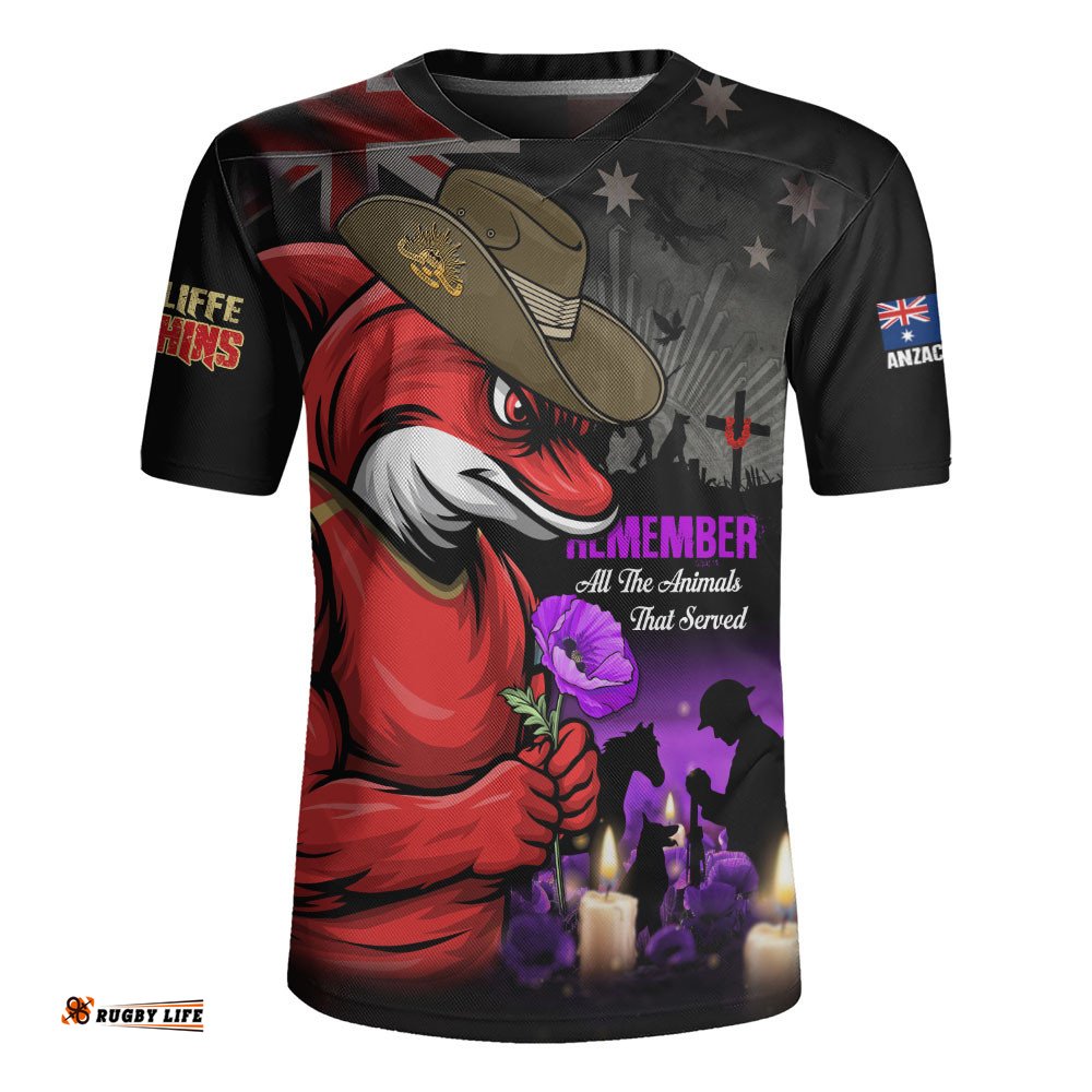Redcliffe Dolphins Rugby Jersey Anzac Day Purple Poppy And Animals That Served