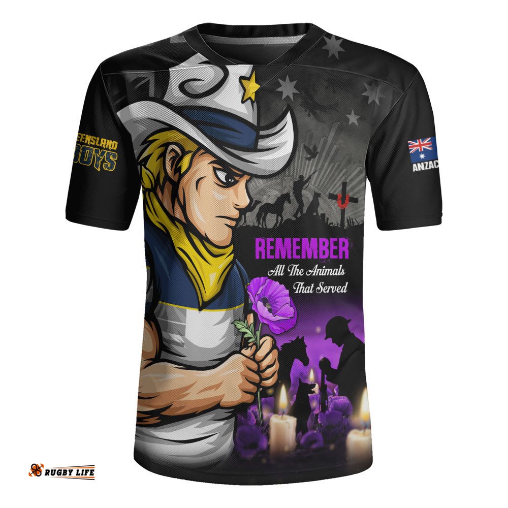 North Queensland Cowboys Rugby Jersey Anzac Day Purple Poppy And Animals That Served