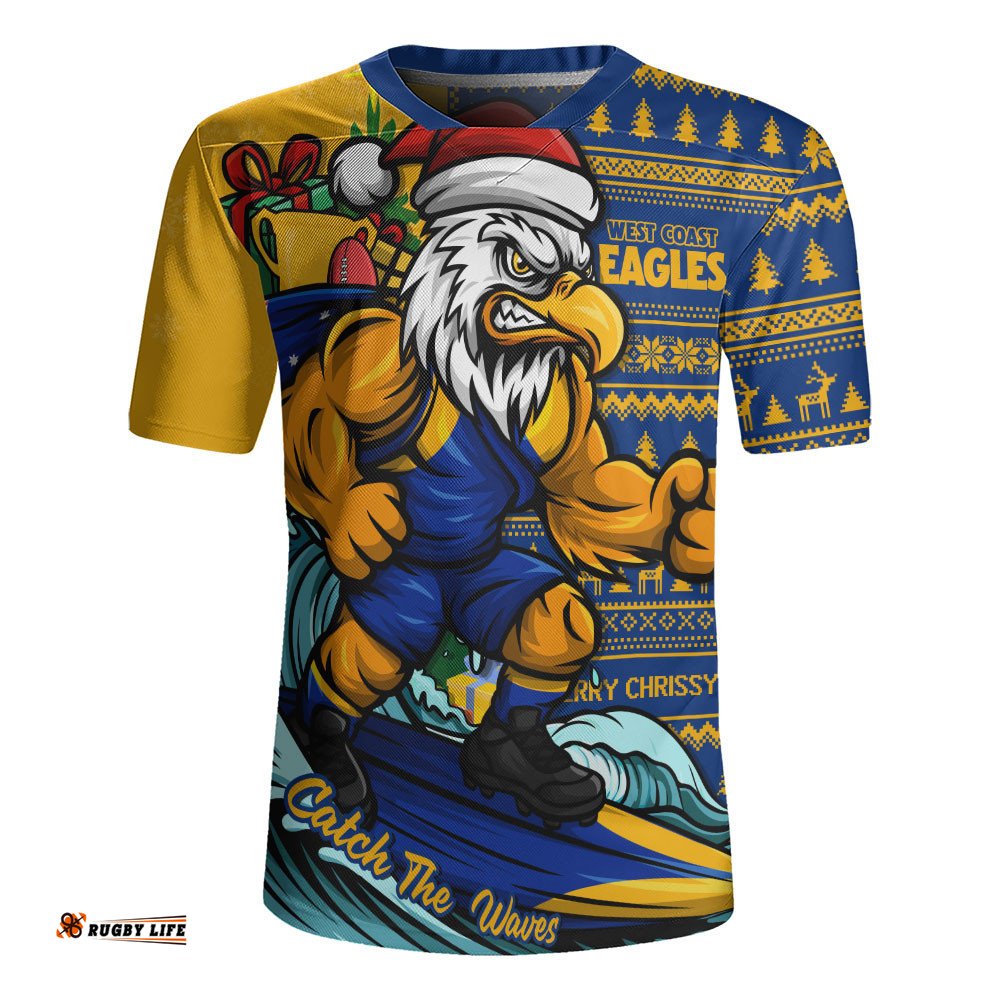 West Coast Eagles Rugby Jersey Christmas Holiday Santa Rides The Waves
