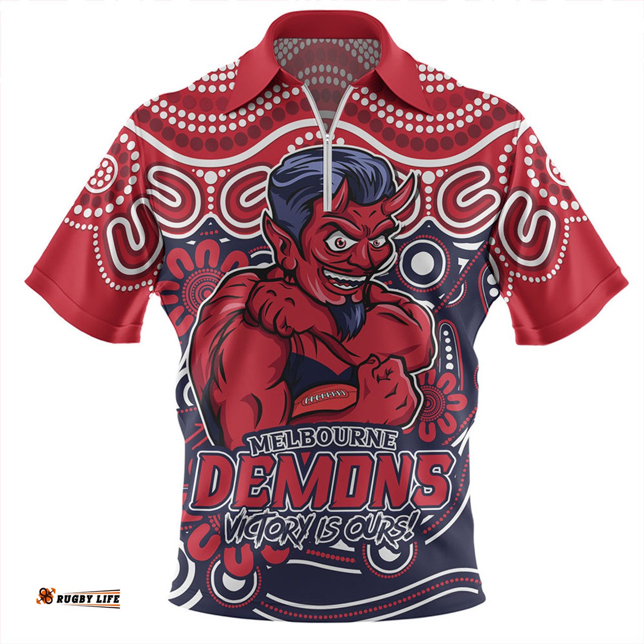 Melbourne Aboriginal Inspired Tough Fan Football For Life Zip Polo Shirt