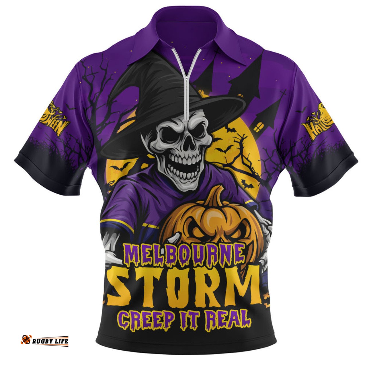 Melbourne Storm Dark Moon Rugby Halloween Battle Edition Zip Polo Shirt