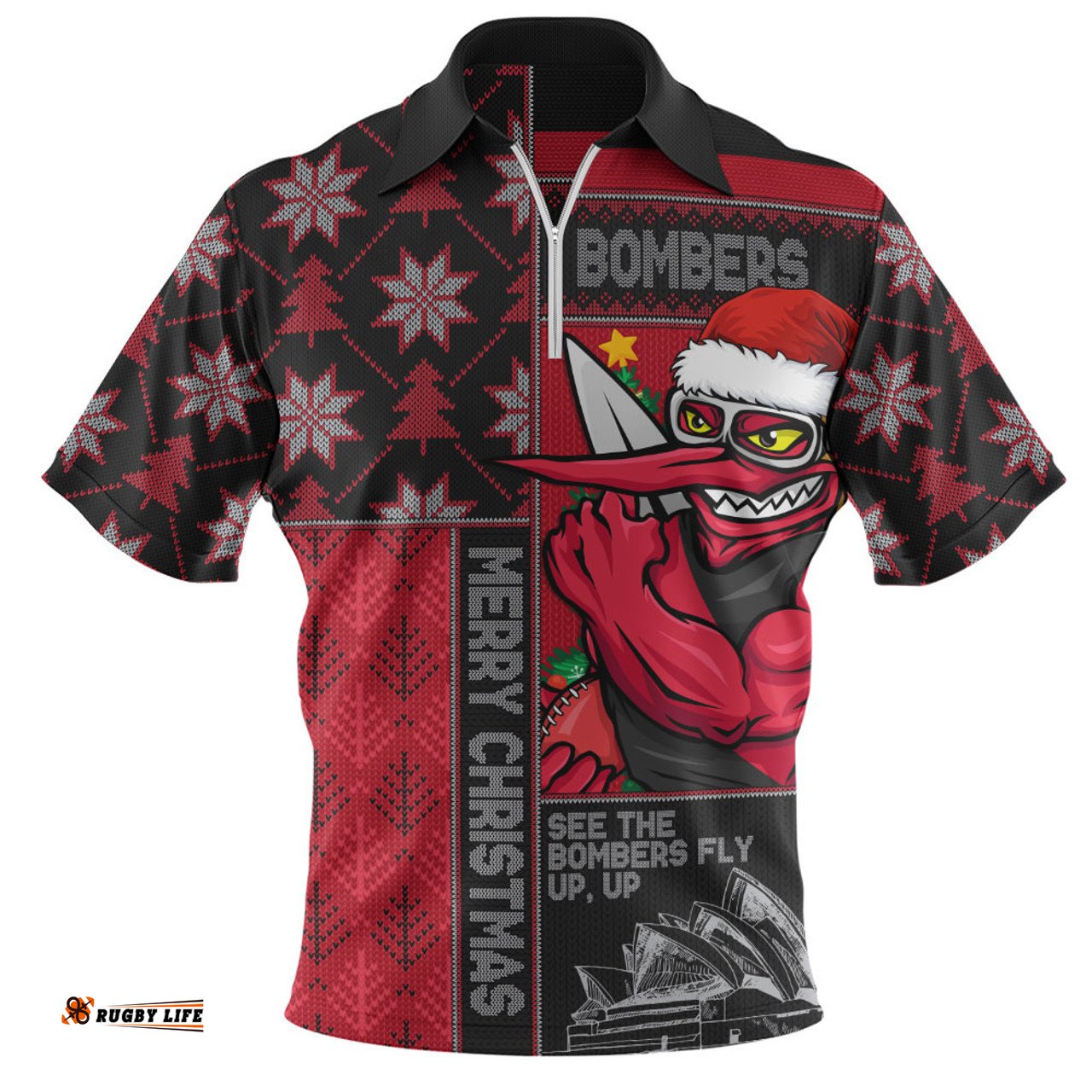 Essendon Merry Christmas Knit Style Festive Spirit Zip Polo Shirt