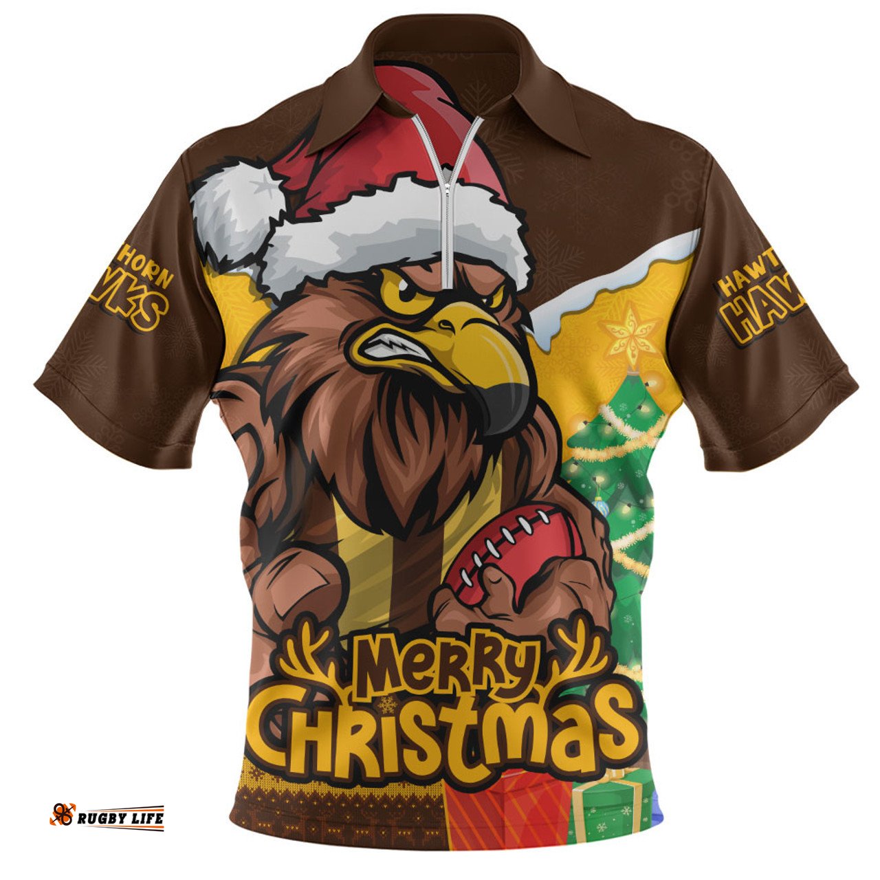 Hawthorn Santa Scoring Touchdown On Christmas Game Day Zip Polo Shirt