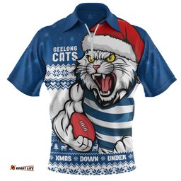 Geelong Cats Merry Christmas Down Under Footy Power Style Zip Polo Shirt