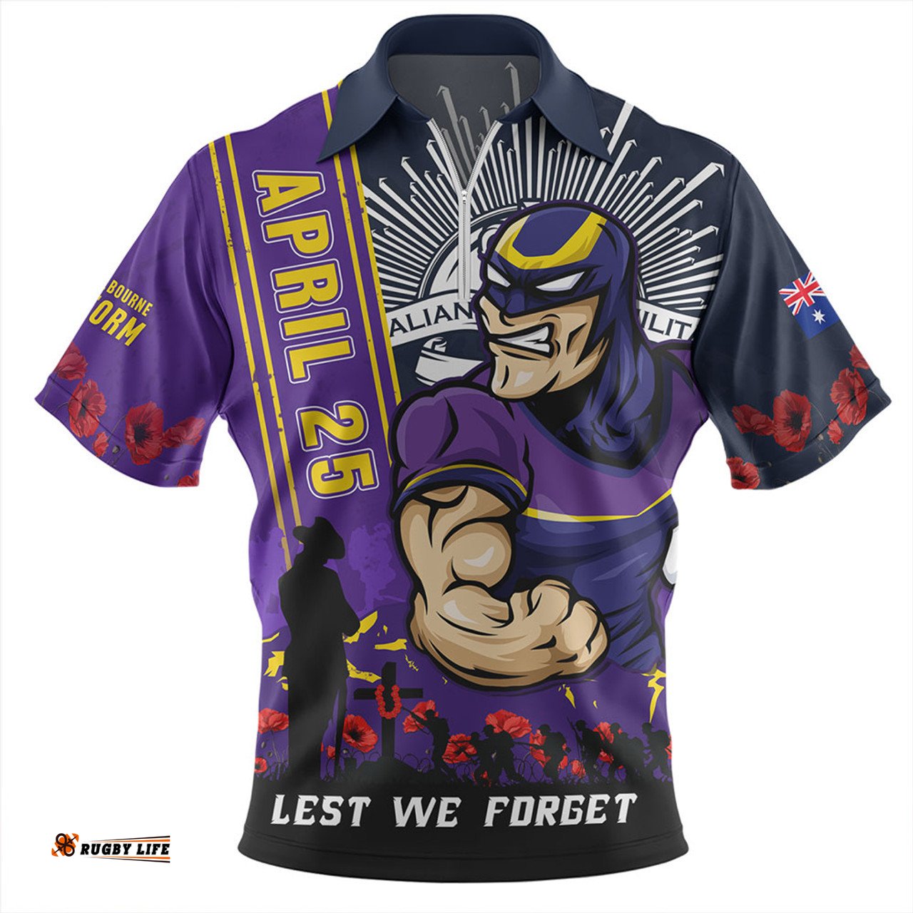 Melbourne Storm Anzac Day Lest We Forget Strong Fighting Spirit Zip Polo Shirt