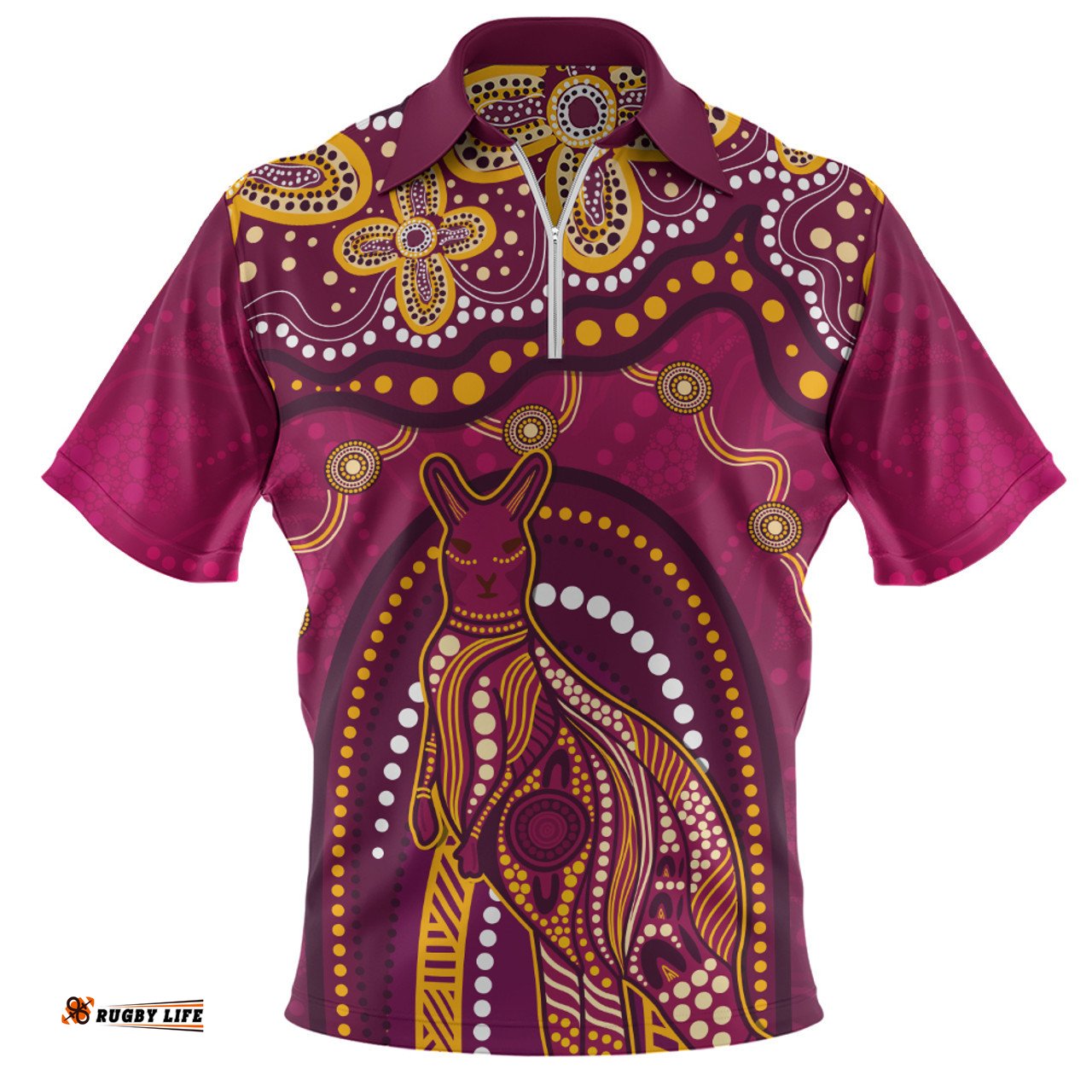 Indigenous Australian Aboriginal Kangaroo Dreaming Outback Spirit Edition Maroons Zip Polo Shirt