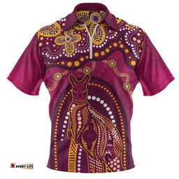 Indigenous Australian Aboriginal Kangaroo Dreaming Outback Spirit Edition Maroons Zip Polo Shirt