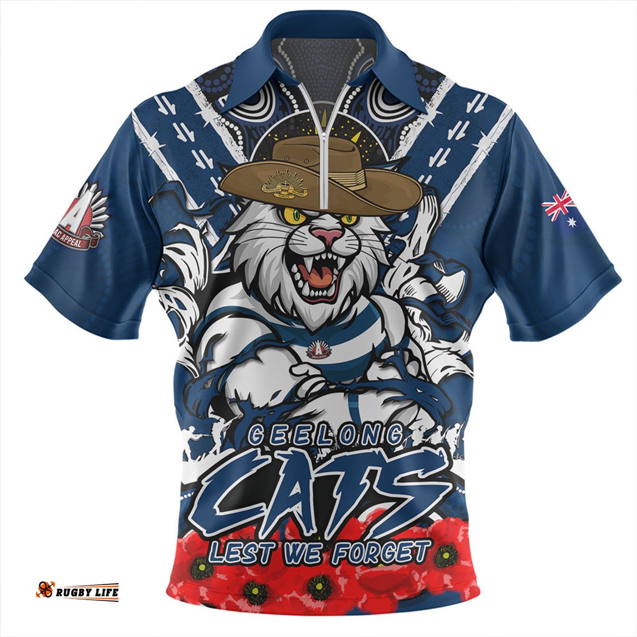 Geelong Cats Ripped Legacy Of The Game The ANZAC Spirit Lives On Zip Polo Shirt