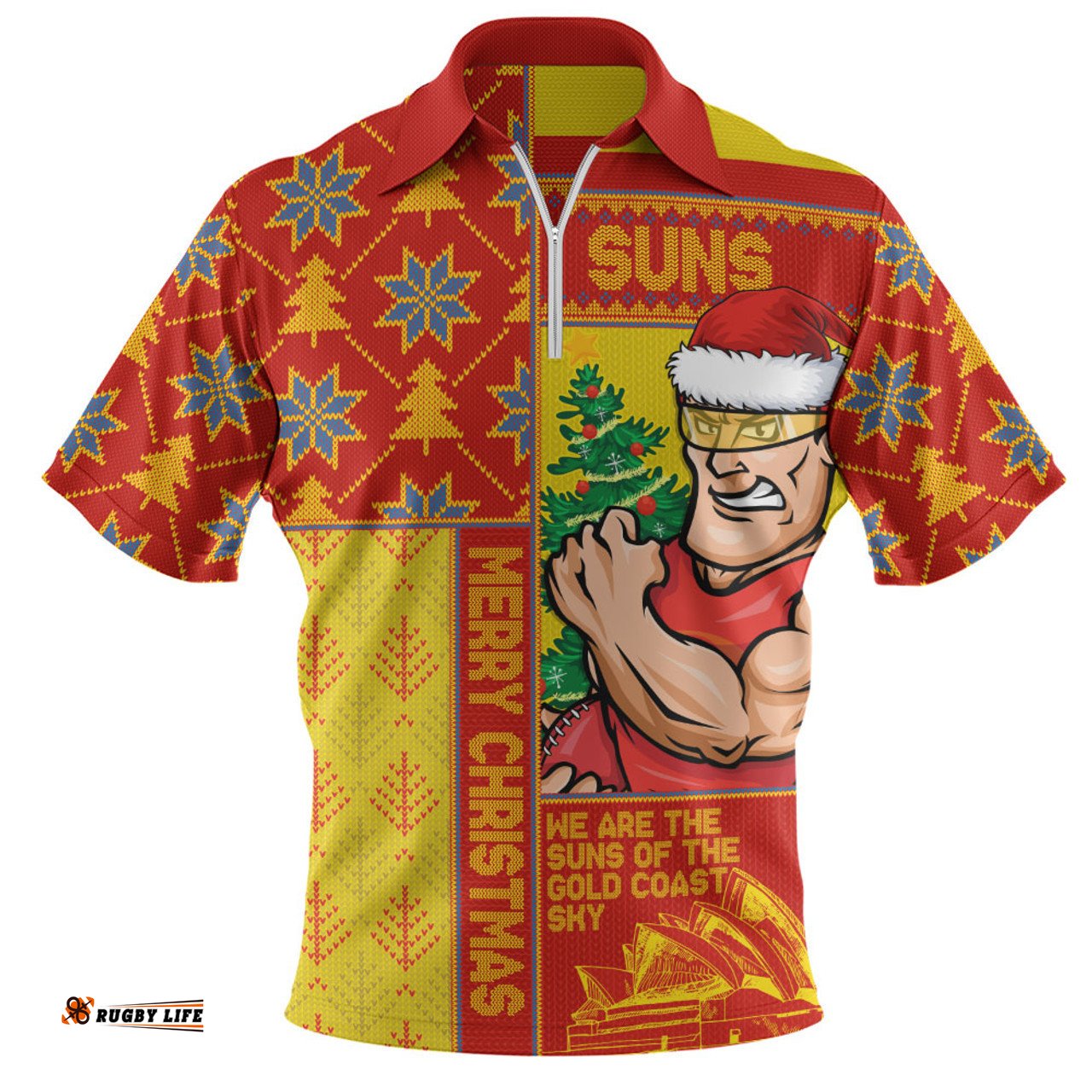 Gold Coast SUNS Merry Christmas Knit Style Festive Spirit Zip Polo Shirt
