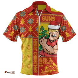 Gold Coast SUNS Merry Christmas Knit Style Festive Spirit Zip Polo Shirt