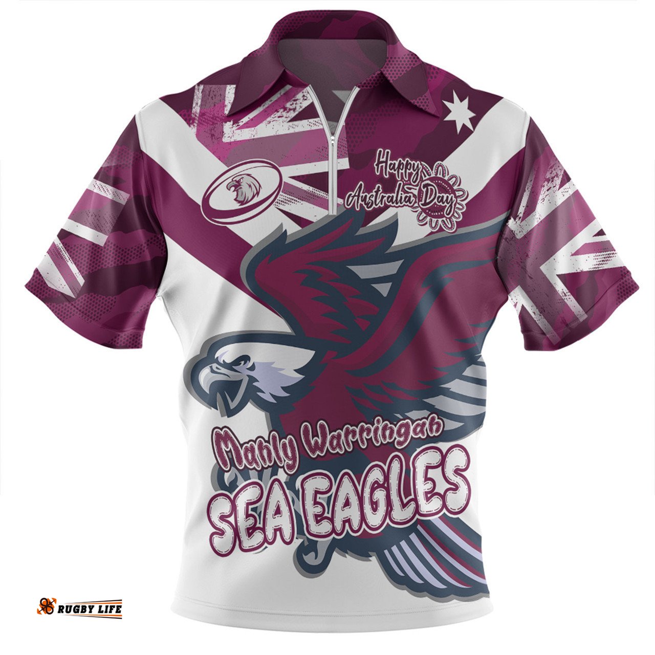 Manly Warringah Sea Eagles Happy Australia Day We Are One And Free V2 Zip Polo Shirt
