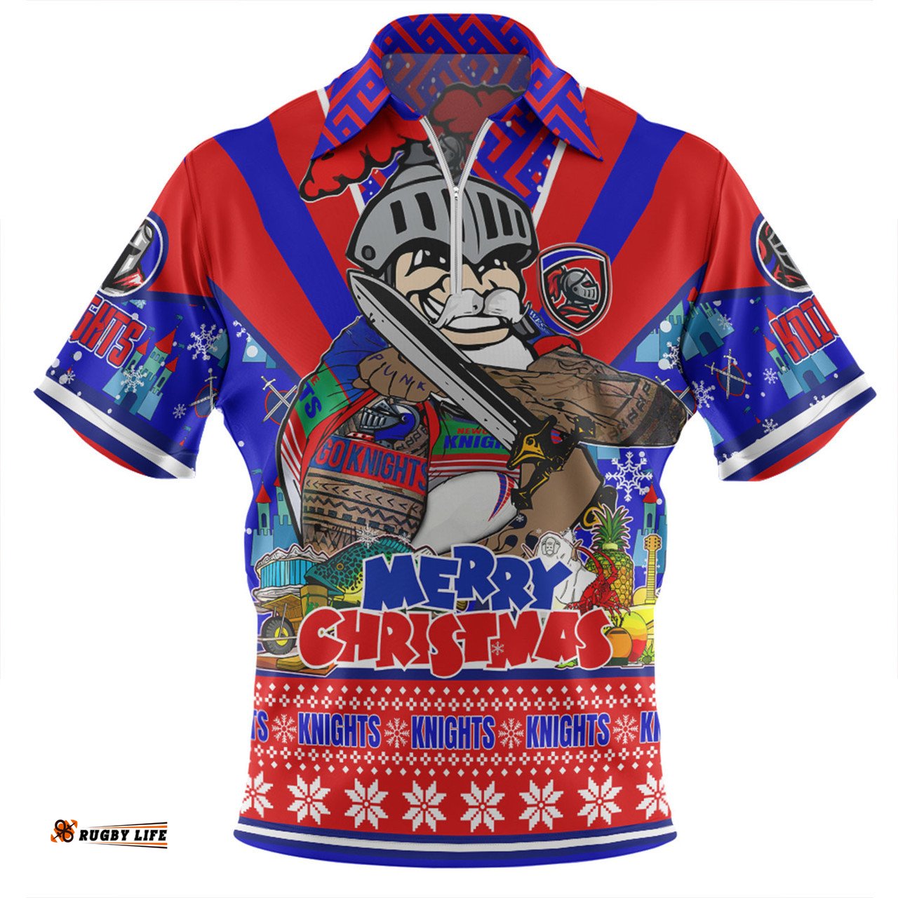 Newcastle Knights Christmas Custom Newcastle Knights Santa Aussie Big Things Zip Polo Shirt