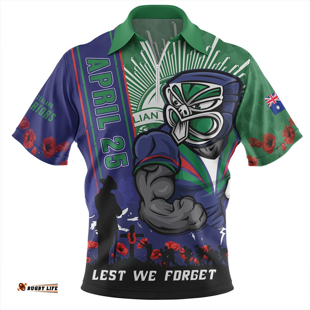 New Zealand Warriors Anzac Day Lest We Forget Strong Fighting Spirit Zip Polo Shirt