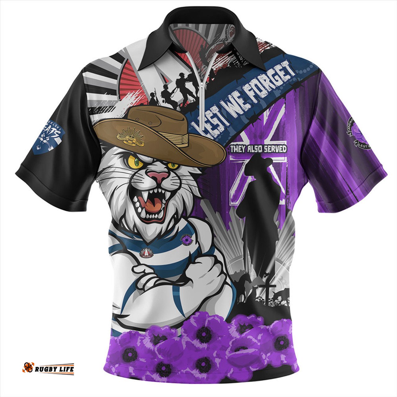 Geelong Cats ANZAC Day Honor Purple Valor And Spirit Zip Polo Shirt