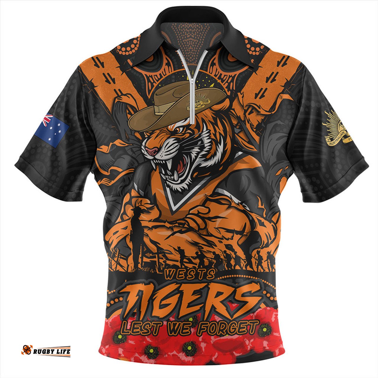 Wests Tigers Ripped Legacy Of The Game The ANZAC Spirit Lives On Zip Polo Shirt