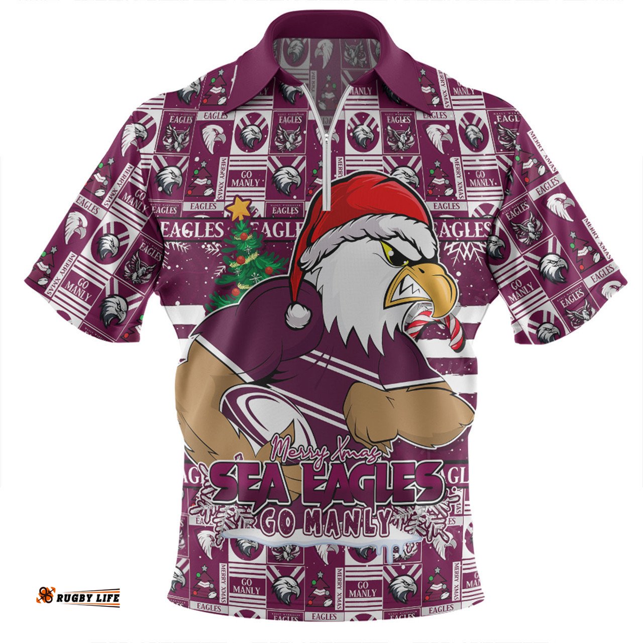 Manly Warringah Sea Eagles Merry Ugly Christmas Comic Style Zip Polo Shirt