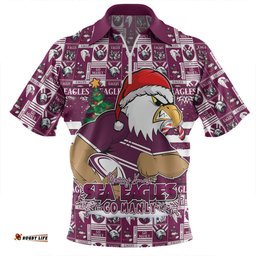 Manly Warringah Sea Eagles Merry Ugly Christmas Comic Style Zip Polo Shirt