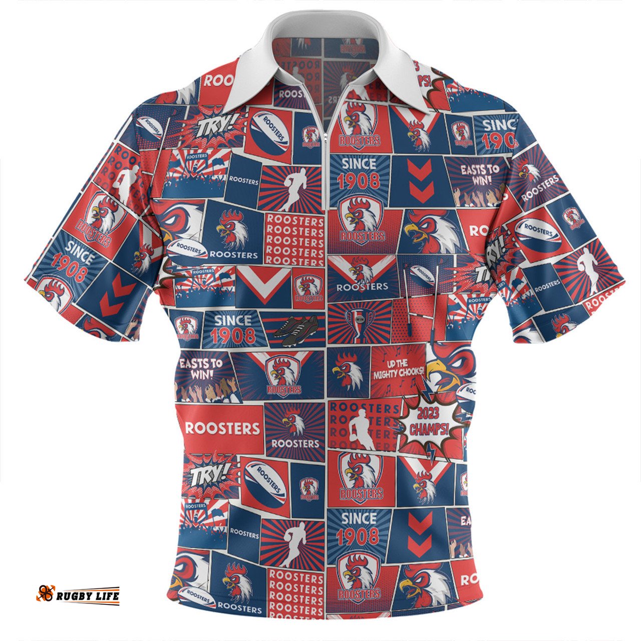 Sydney Roosters Team Of Us Die Hard Fan Supporters Comic Style Zip Polo Shirt