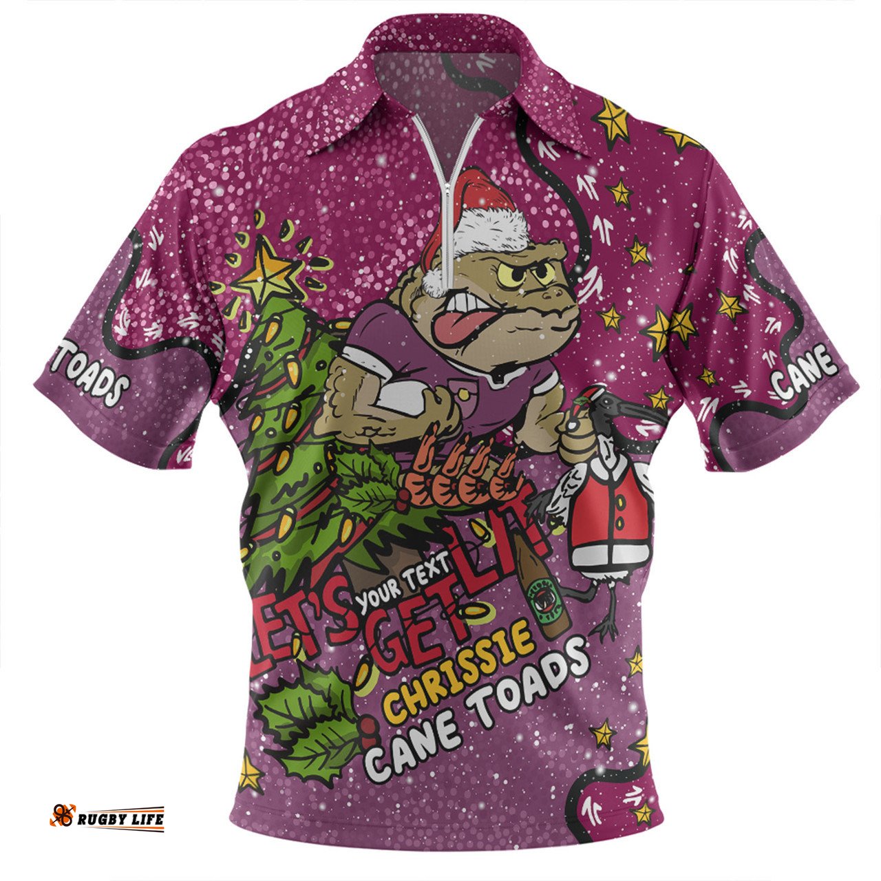 Queensland Cane Toads Christmas Custom Let's Get Lit Chrisse Pressie Zip Polo Shirt