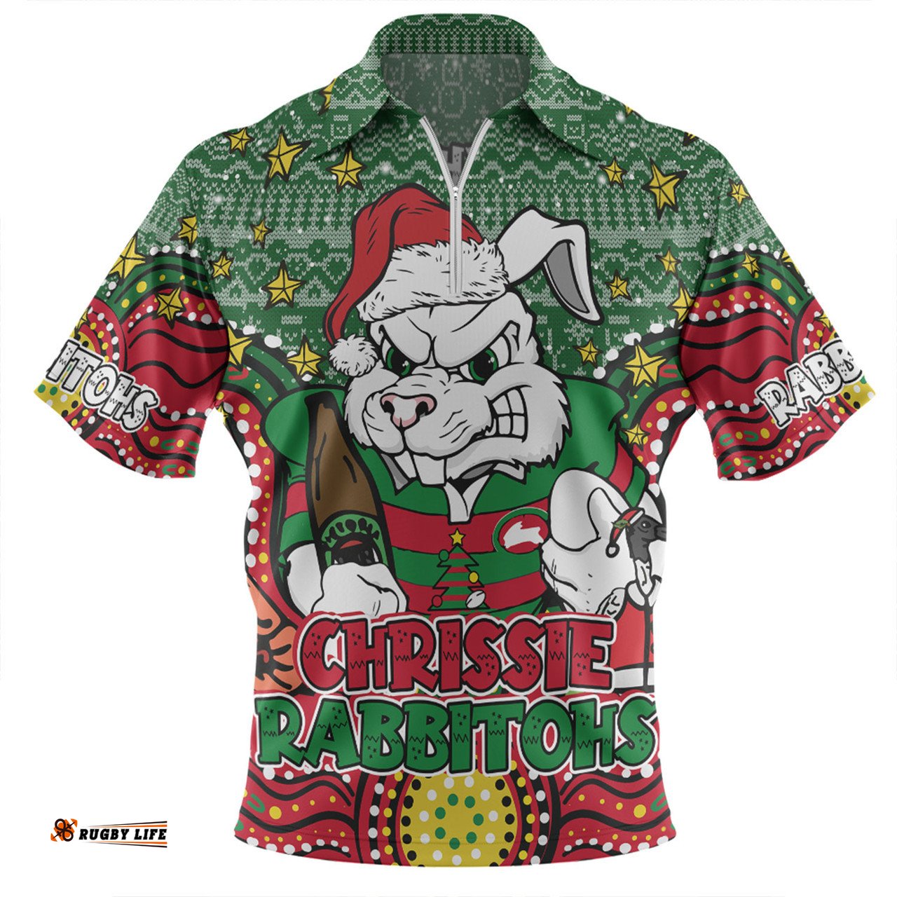 South Sydney Rabbitohs Custom Christmas Knit Patterns Vintage Jersey Ugly Zip Polo Shirt