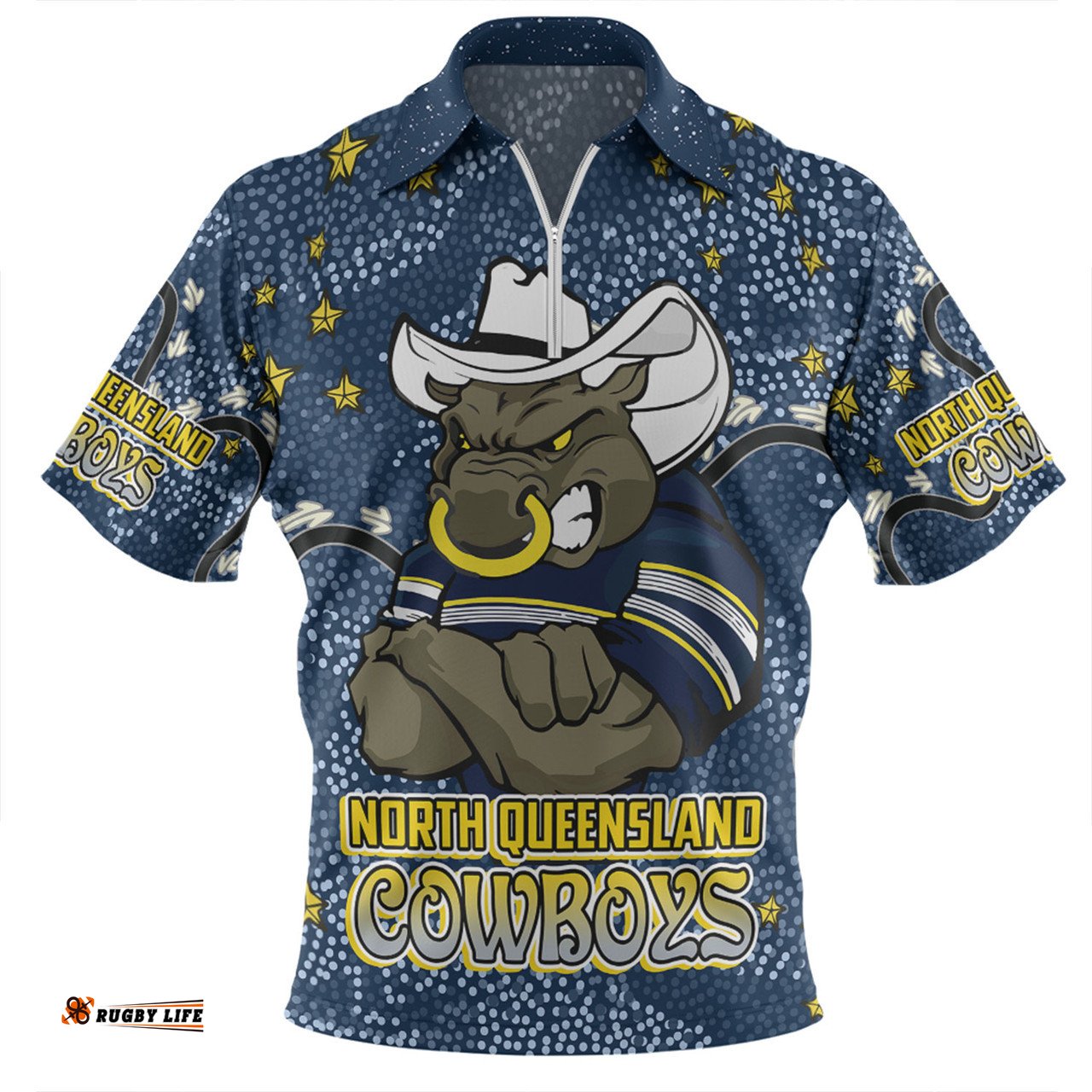 North Queensland Cowboys Custom Team With Dot And Star Patterns For Tough Fan Zip Polo Shirt