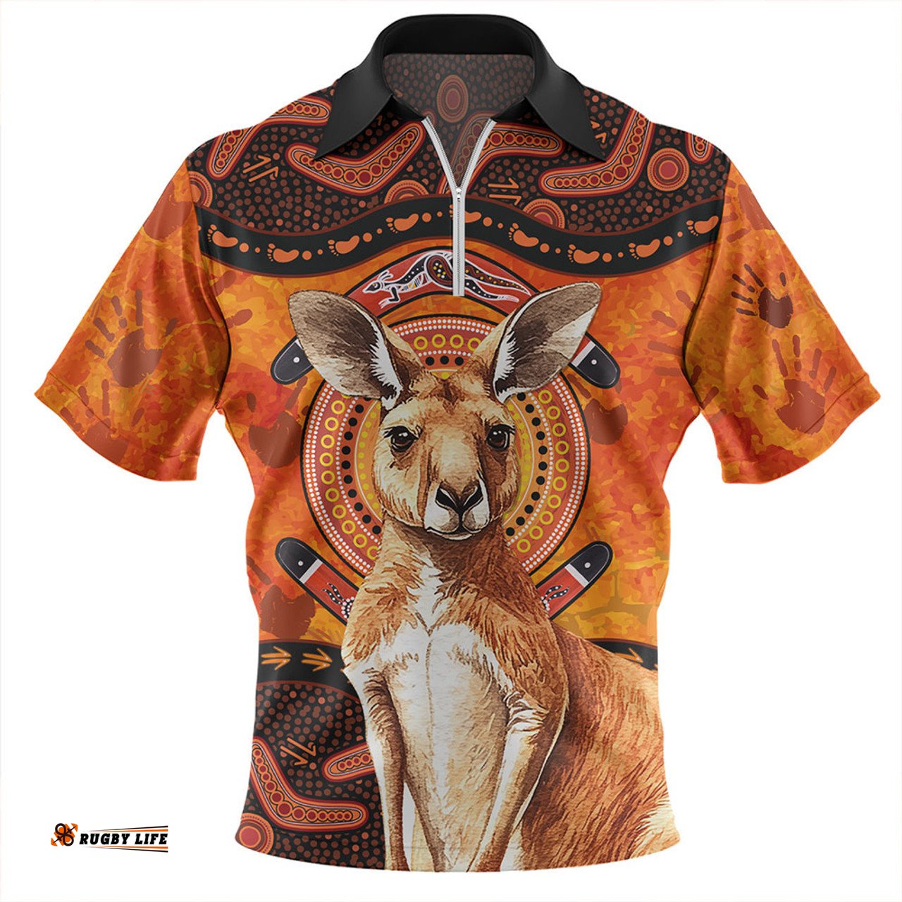 Indigenous Australian Aboriginal Kangaroo Spirit Dreaming Zip Polo Shirt