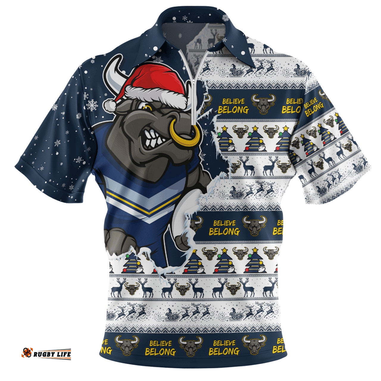 North Queensland Cowboys Merry Ugly Christmas Our Beloved Team Scratch Style Zip Polo Shirt