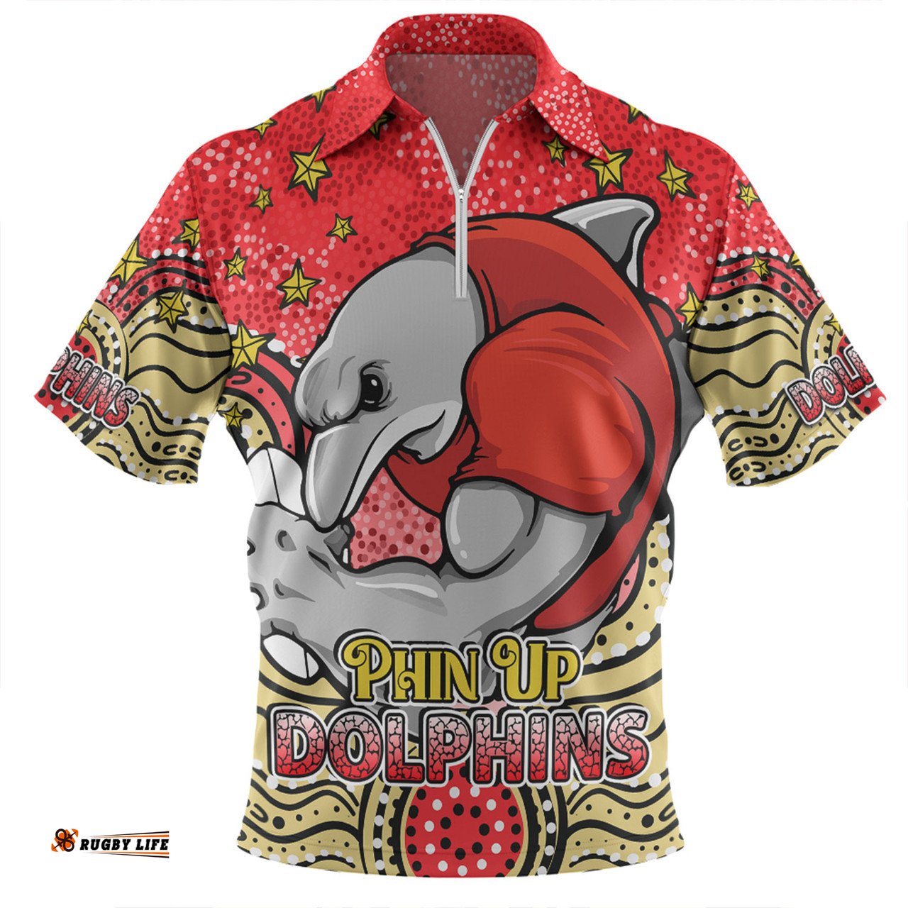 Redcliffe Dolphins Custom Custom With Aboriginal Inspired Style Of Dot Painting Patterns Zip Polo Shirt
