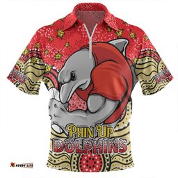 Redcliffe Dolphins Custom Custom With Aboriginal Inspired Style Of Dot Painting Patterns Zip Polo Shirt